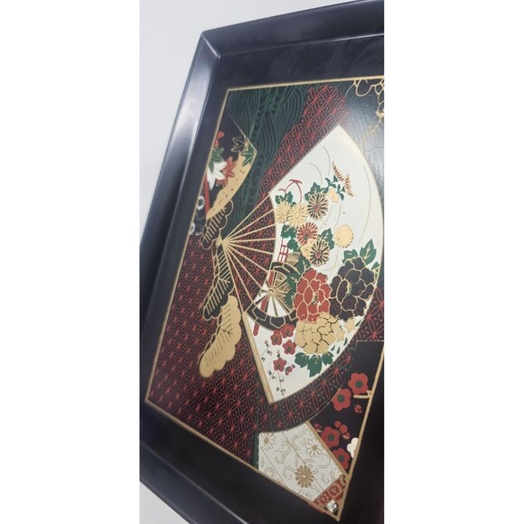 Vintage Otagiri Japanese Lacquerware Serving Trinket Tray Fans Floral Motif Set - Picture 5 of 12